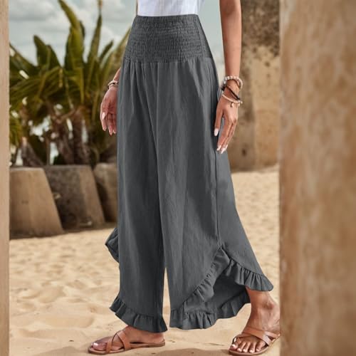 Linen Wide Leg Pants for Women Stretch Smocked High Waisted Ruffle Hem Palazzo Pants Summer Casual Loose Beach Pants4
