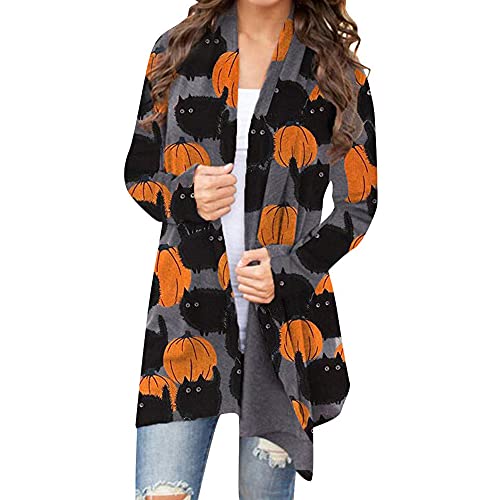 Women's Halloween Pumpkin Cat Print Knitting Cardigan Long Sleeve Open Front Knitted Sweater Outwear Coat Tops (Deep Gray
