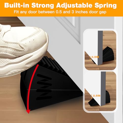 Heavy Duty Metal Door Stop, Strongest Large Adjustable Spring Door Stopper Up to 3 inch Tall, Door Stoppers for Bottom of Door, Stainless Steel Black Rubber Door Wedge for Any Heavy Doors