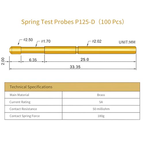 Image of Spring Test Probes, 100Pcs P125-D High Accuracy Round Pogo Pins for PCB Board Testing Contact