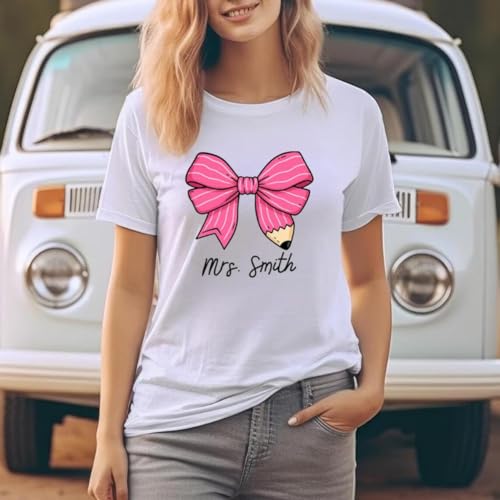 Customizable Coquette Bow Teacher T-Shirt – Personalized Back to School Name Tee – Unique Gift for Elementary Educators - Image 3