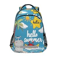 Mnsruu Beach Hippopotamus Kids Backpack for Girls Boys School Bag Laptop Student Bag Travel Daypack