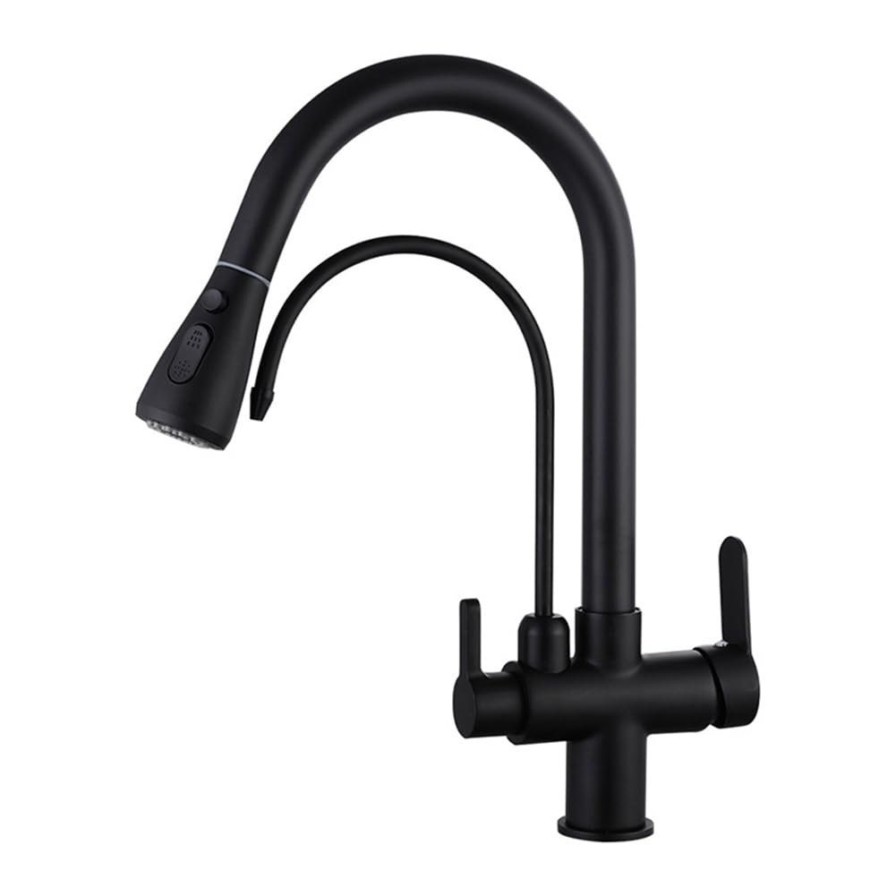 3 Way Water Filter Kitchen Tap with Pull Out Spray, Pull Down Drinking Water Kitchen Sink Mixer Taps with 2 Spray Mode, Brass Dual Lever 360ยฐ Swivel Commercial Kitchen Faucet, 1 Hole, Black