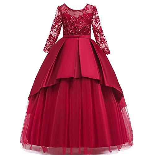 OBEEII Filles Princesse Robes Maxi en Dentelle Manches Longues avec Patchwork de Broderies Florales Robe Brodée de Cérémonie Soirée Mariage Demoiselle d'honneur Fête Prom Rouge Foncé 13-14 Ans