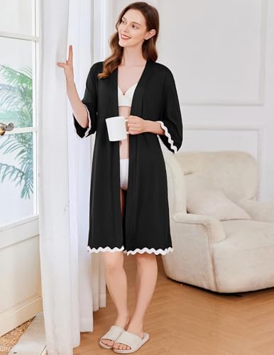 Ekouaer Women Kimono Robe 3/4 Sleeves Loungewear Dress Knee Length Sleepwear Pockets Housecoat Short Bathrobe S-XXL4