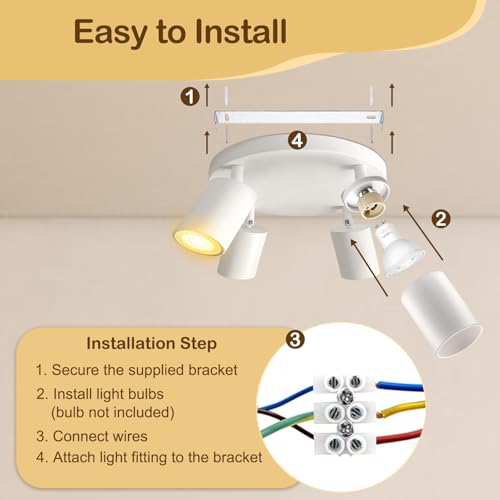 Image of Wiseworld 4 Light Track Lighting Fixtures for Ceiling LED White Spot Lights Indoor Round Chassis GU10 Base Lamp Rotatable Modern Ceiling Spotlight for Bedroom Kitchen Hallway (Bulb Not Included)