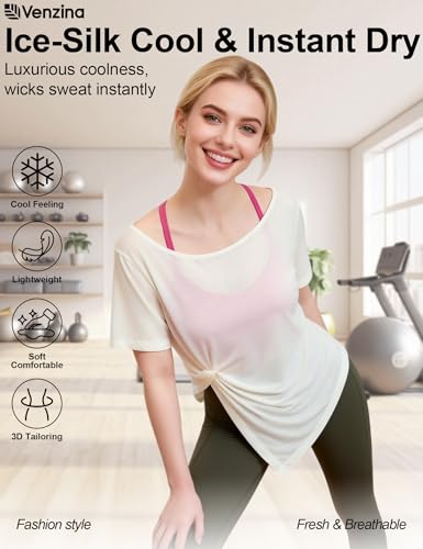 Image of Venzina Womens Plus Size Summer Cover Up Shirt - Cooling Ice Silk Sheer Mesh Top, Loose Fit Tummy Control Slimming Long Sleeve Shirt for Yoga, Beach and Casual Wear-Milky White -L