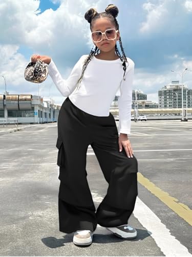 Image of Azmxynol Girls Clothes 2 Piece Outfit Ribbed T-Shirt Top + Cargo Pants, Girls Fall Clothing Set, Sizes 5-16 Years