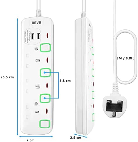 Extension Lead 3M with USB Slots, 3 Way Power Extension with 2 USB Ports, BEVA Multi Plug Extension Sockets with Individual Switches, Wall Mountable Power Strip with 3M Extension Cord