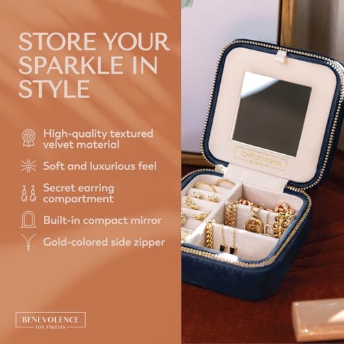 Benevolence LA Plush Velvet Travel Jewellery Box Organizer | Jewellery Travel Case, Small Jewellery Box for Women, Earring Organizer with Mirror - Navy Blue