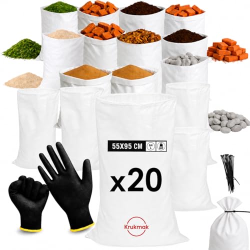 KRUKMAK – Lot de 20 Sacs de Chantier Renforcés Gravat 95x55 cm (Jusqu’à 55 kg) – Usage Professionnel BTP – Polypropylène Tissé Haute Résistance +...