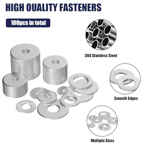 Wegoup 304 Stainless Steel Flat Washers, Assorted Sizes M3-M12, 100 Pieces, Heavy-Duty, Vibration Dampening, Organized Storage Box