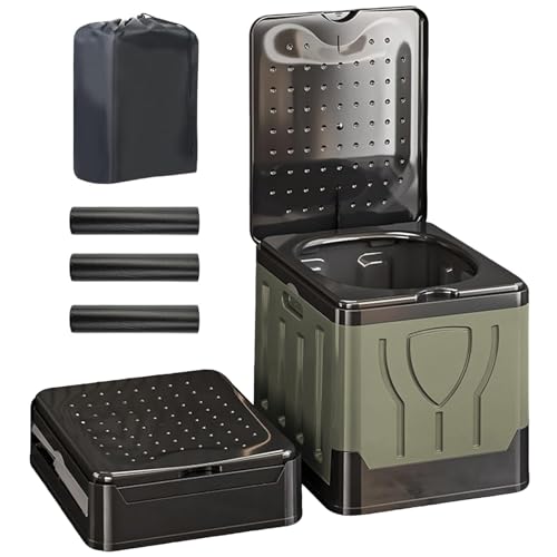 LZEXIN Portable Toilet, Outdoor Camping Toilet for Adults Kids, Collapsible Lightweight Emergency Toilets with Lid, Carry Bag, Foldable Loo WC for Car with 30pcs Cleaning Bags(Green)