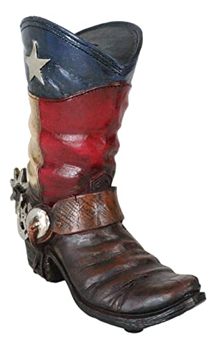 Ebros Gift Rustic Western Patriotic Texas State Flag Cowboy Cowgirl Boot with Concho Strap Money Coin Bank Decorative Figurine in Faux Tooled Leather Finish Accent