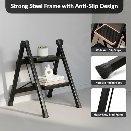 Image of Plantex Ladder for Home /GI Steel Foldable 2 Step Ladder /Wide Anti Slip 2 Step Ladder - (Black)