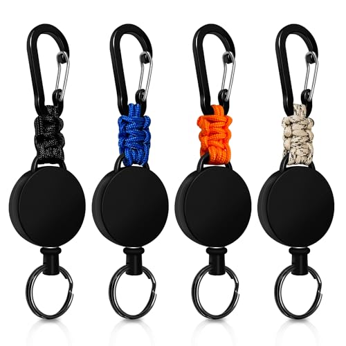 Llavero Retráctil 4 Piezas, Retractil Cable Acero 60 cm, Llavero de Mosquetón con Clip Paracord, Mosquetón de Carrete (Negro+Beige+Azul+Naranja)