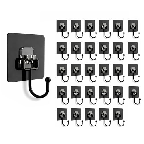 Image of BRAND VILLA Black Adhesive Wall Hooks Pack of 30 - Heavy Duty No Drill Sticky Hooks for Bathroom, Kitchen & Door - Waterproof Stainless Steel Towel & Coat Holder - Strong Self Adhesive Hooks