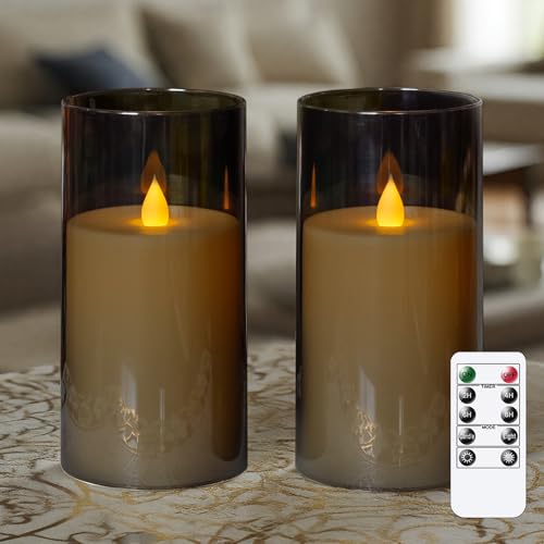 Bryxidor Acrylic Moving Wick Electric 7.5cm x15cm LED Pillar Timer and Remote Candles with Flickering, Pack of 2 Flameless Grey Battery Operated Fake Plastic Warm Light Candles