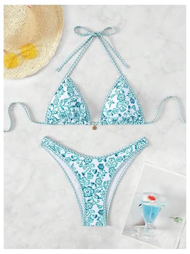 MakeMeChic Women's Polka Dots Triangle Thong Bikini Sets Floral Cute Bathing Suit Swimsuits Green and White Large