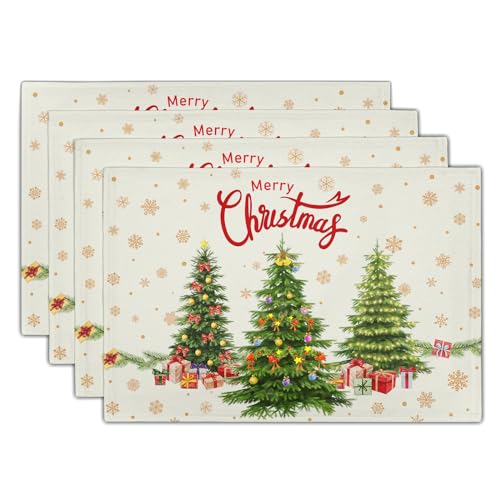 Merry Christmas Placemats Set of 4, Christmas Trees Placemat 12x18 Inch Winter Xmas Holiday Table Mats Non-Slip Heat Resistant Table Place Mats for Home Holiday Party Oudoor Kitchen Accessories