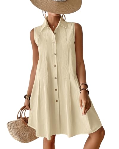 Image of Bsubseach Cotton Beach Cover Up for Women Button Down Sleeveless Shirt Dress Swimsuit Coverup 2026 Summer Mini Dresses Beige M