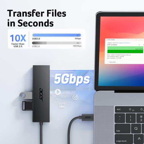 Image of Acer USB C Hub 4 Ports, Multiple USB 3.0 Hub, USBC Splitter for Laptop with TypeC Power Port, Extender for Type C Port Laptop, PC, Desktop and More (USB-C, 2ft)