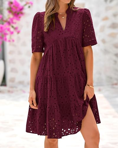 Image of BTFBM Womens Boho Summer Dresses 2026 Spring V Neck Short Sleeve Hollow Out Lace Ruffle Casual Beach Mini Vacation Dress