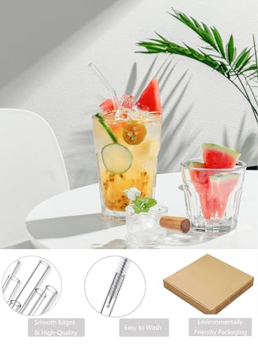 Foto von AOTWAN Glas Strohhalme Wiederverwendbar 20 Stück Glasstrohhalme, 6 Kurz + 6 Lange Geraden Glas-Strohhalme, 4 gebogenem Trinkhalme mit 4 Reinigungsbürsten für Cocktails, Smoothie und Säfte