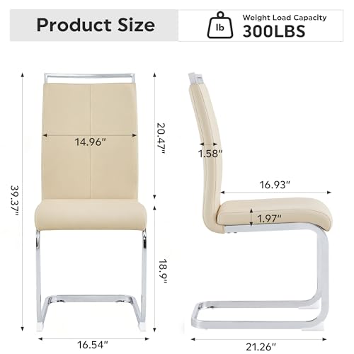 Image of Baysitone Modern Dining Chairs Set of 4, Side & Kitchen Chairs with Silver Frame, Faux Leather Padded Seat High Back, for Dining, Kitchen & Living Room - Beige