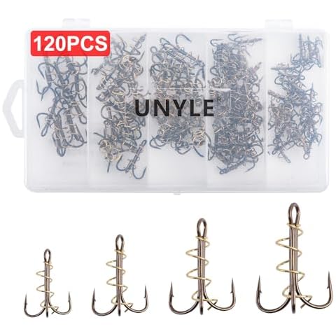 UNYLE 120pcs/Box Fishing Treble Hooks Catfish Dough Bait Punch Bait Treble Hooks with Spring Sharp Strong Barbed Fish Hooks High Carbon Steel Fish Hook for Catfish Bass Trout Freshwater Cover