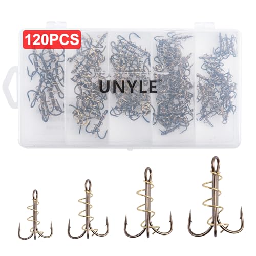 UNYLE 120pcs-Box Fishing Treble Hooks Catfish Dough Bait Punch Bait Treble Hooks with Spring Sharp Strong Barbed Fish Hooks High Carbon Steel Fish Hook for Catfish Bass Trout Freshwater