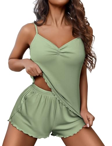 Image of Ekouaer Womens Cami Pajama Sets 2 Piece Ribbed Knit Lingerie Sleeveless Tank Top and Shorts Camisole Pjs Sleepwear