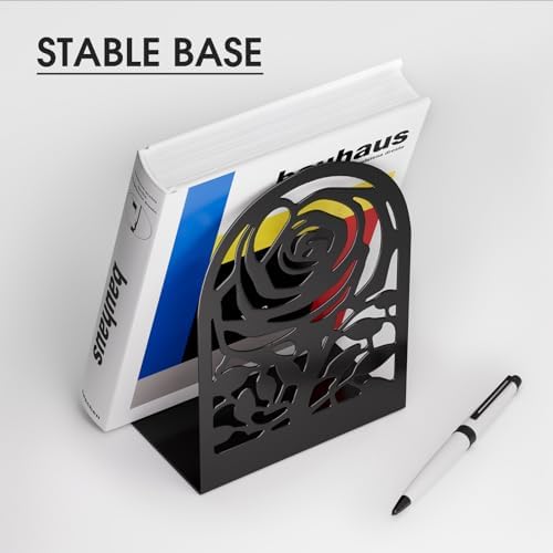 MaxGear Book Ends, Decorative Bookends, Tree and Flower Design Bookends for Shelves, Non-Skid Modern Bookend, Heavy Duty Metal Book Stopper for Books/CDs, Book Holder for Home, 6.5 x 4.6 x 3.5”, Black