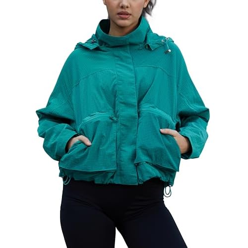 PESION Womens Waterproof Plaid Rain Jacket, Lightweight Windproof Outdoor Trench Coat Windbreaker with Removable Hood Lake Green Medium