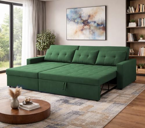 Image of Emilio 4 Seater LHS L - Shape Pull-Out Sofa Cum Bed Sofa for Living Room (Green Fabric Color) Premium Fabric Sofa Set for Living Room Sofa Cum Bed