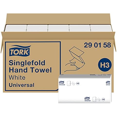 Tork Singlefold Hand Towels 290158 - H3 Universal Folded Paper Towels for Singlefold Dispenser - Economic, 1-Ply, White - 15 x 300 Sheets Cover