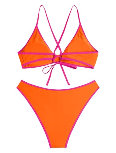Image of ZAFUL Women's Tie Back Padded High Cut Bralette Bikini Set Two Piece Swimsuit