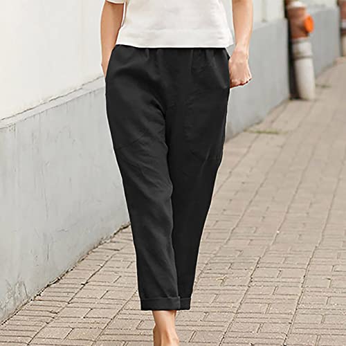 Image of LRMQS Cotton Linen Pants Women Casual Summer 2026 Trendy Loose Fit Beach Wide Straight Leg Trousers with Side Pockets