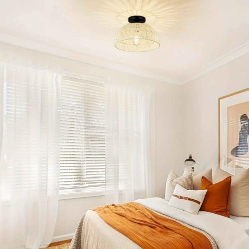 Image of Artica Rattan Ceiling Lamp - Modern Hanging Light Fixture for Bedroom, Living Room & Home Decoration | Rattan Pendant Ceiling Light (White)