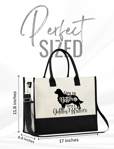 Image of InnoBeta Golden Retriever Gifts, Canvas Tote Bag with Top Zipper Closure and Shoulder Strap for Birthday, Christmas and Every Special Occasion