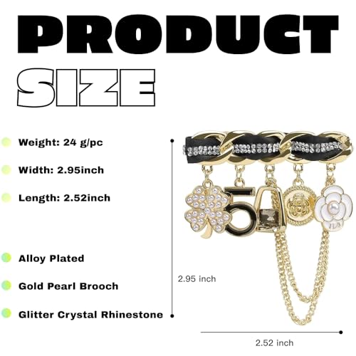 Image of Gold Vintage Fashion Number 5 Camellia Four Leaf Clover Pearl Rhinestone Pendant Brooch Pins Brooches for Women Wedding /Banquet Jewelry