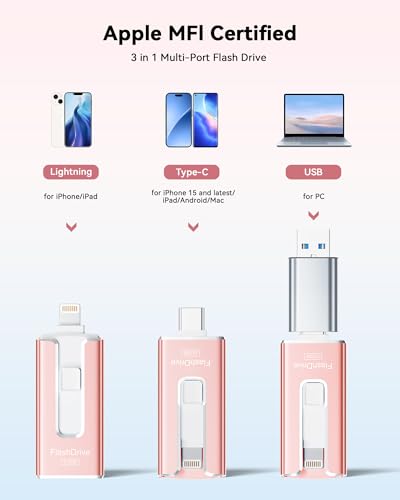 Image of MFi Certified 3 in 1 Type-C USB Memory Stick Thumb Drive for Photos Videos (Rose Pink, 512 GB)