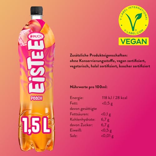 Rauch Eistee Peach | Eis Tee par Excellence mit Hagebutte | Ideal für Tee Trinker | Unwiderstehlicher Durstlöscher |Drink in 6x 1,5 Liter PET Flasche