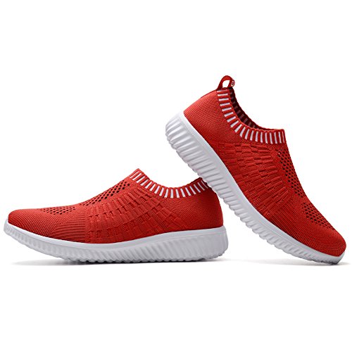 Konhill Women's Lightweight Casual Walking Athletic Shoes Breathable Mesh Work Slip-On Sneakers 5 Us Red #TOP4