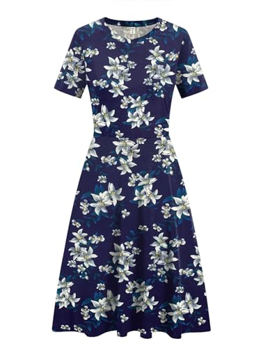 Image of Women's 2026 Fit and Flare Dress Summer Casual Elegant Vintage Floral Printed Work Party A-line Dress with Pockets 162