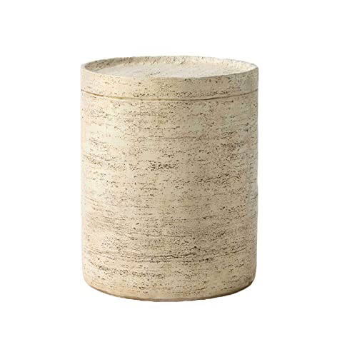 Hompus Round Outdoor Side Table, Rustic Modern Vintage Patio End Table, Weathered Stone Small Outdoor Accent Table, Small Coffee Table For Indoor Outdoor Use, Patio, Garden, Cream #TOP7