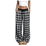 Women's Flannel Plaid Pajama Pants - Wide Leg Baggy Sweatpants with Pockets, Soft Home Pants for Sleep & Casual Relaxation (S) Black