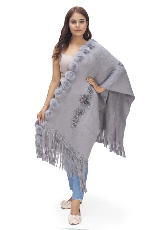 Women Girls Faux Fur with Embroidery Patch Woolen Stole Winter Warm Wrap Shawl (SC 39 Patch Fur Stole)-image-26