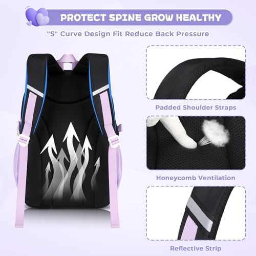 QIXIHU Girls Backpack, Kids Backpack for Girls, School bag for Primary Elementary Teenage, Middle School Students Bookbag Black purple - 3