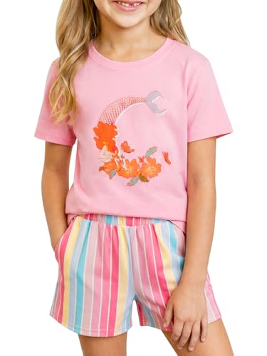 Haloumoning Schlafanzug Mädchen Sommer Kurzarm Pyjama Set Rundhals Niedlich Druck T-Shirt und Shorts Set Casual Weich Loungewear Set Zweiteiliger Nachtwäsche Rosa 13-14 Jahre